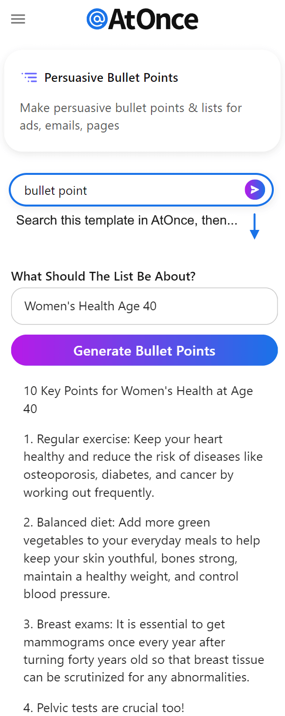 AtOnce AI bullet point generator